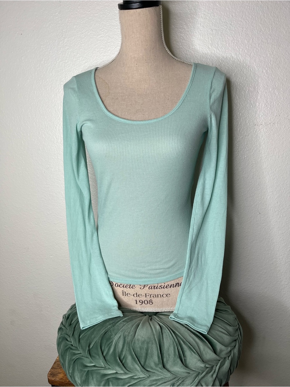 Mint Scoop Neck Ribbed Long-Sleeve Top